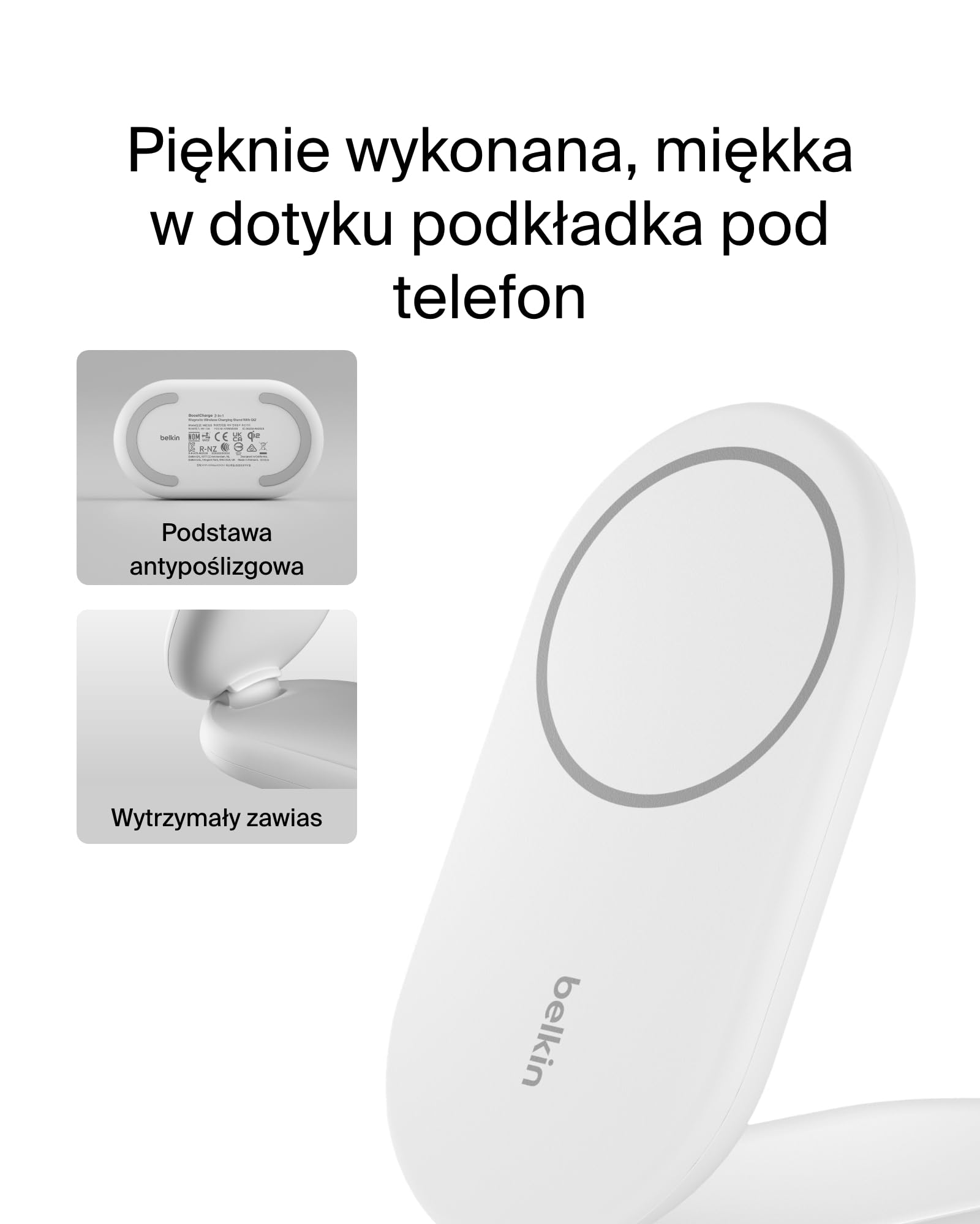 Belkin BoostCharge magnetyczna, składana ładowarka Qi2 2 w 1 o mocy 15 W, ładowarka bezprzewodowa zgodna z MagSafe do Apple iPhone 16/15/14/13, z antypoślizgową podstawą, zasilacz w zestawie – biała