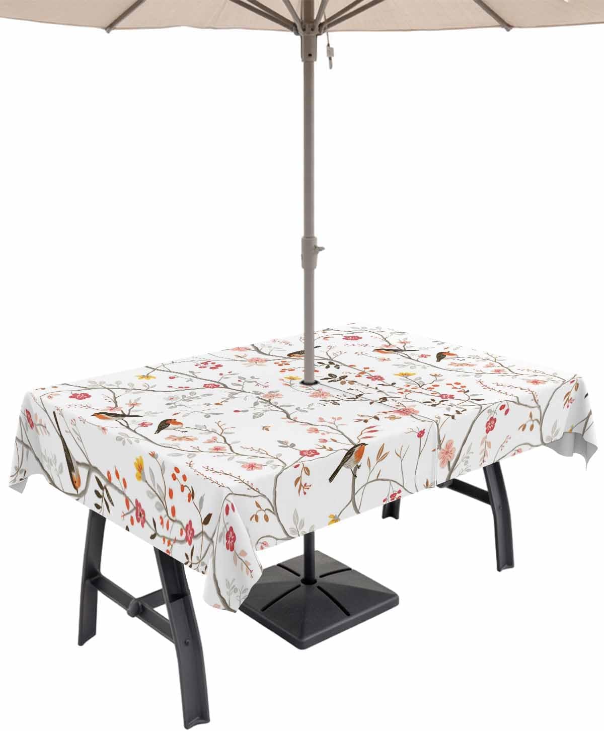 Square Tablecloth with Umbrella Hole, Spring Flowers Bird Summer White Outdoor Zippered Table Cloth for Square Tables Waterproof Fabric Tabletop Collection for Patio, Garden, Picnic 54 x 54 Inch
