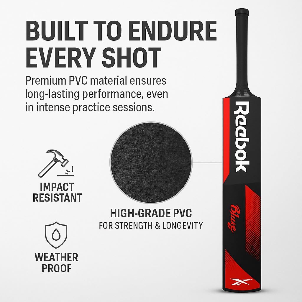 REEBOK Blaze Batte de cricket en plastique (86,4 x 11,4 cm) pour tous les groupes d'âge, batte de cricket en PVC/plastique de couleur rouge pour 15 ans et plus