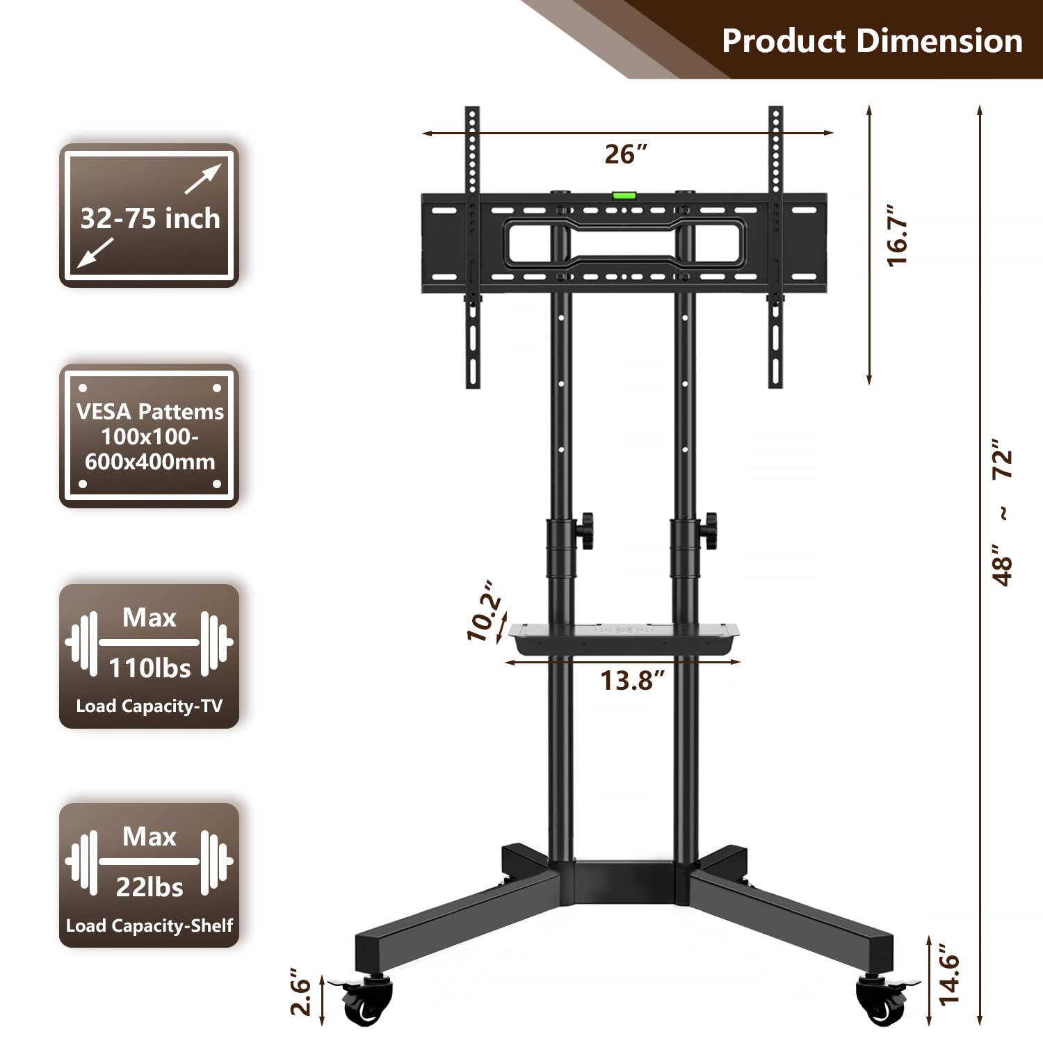 Mobile TV Stand with Wheels for 3275 inch LCD LED 4K Flat Screens with