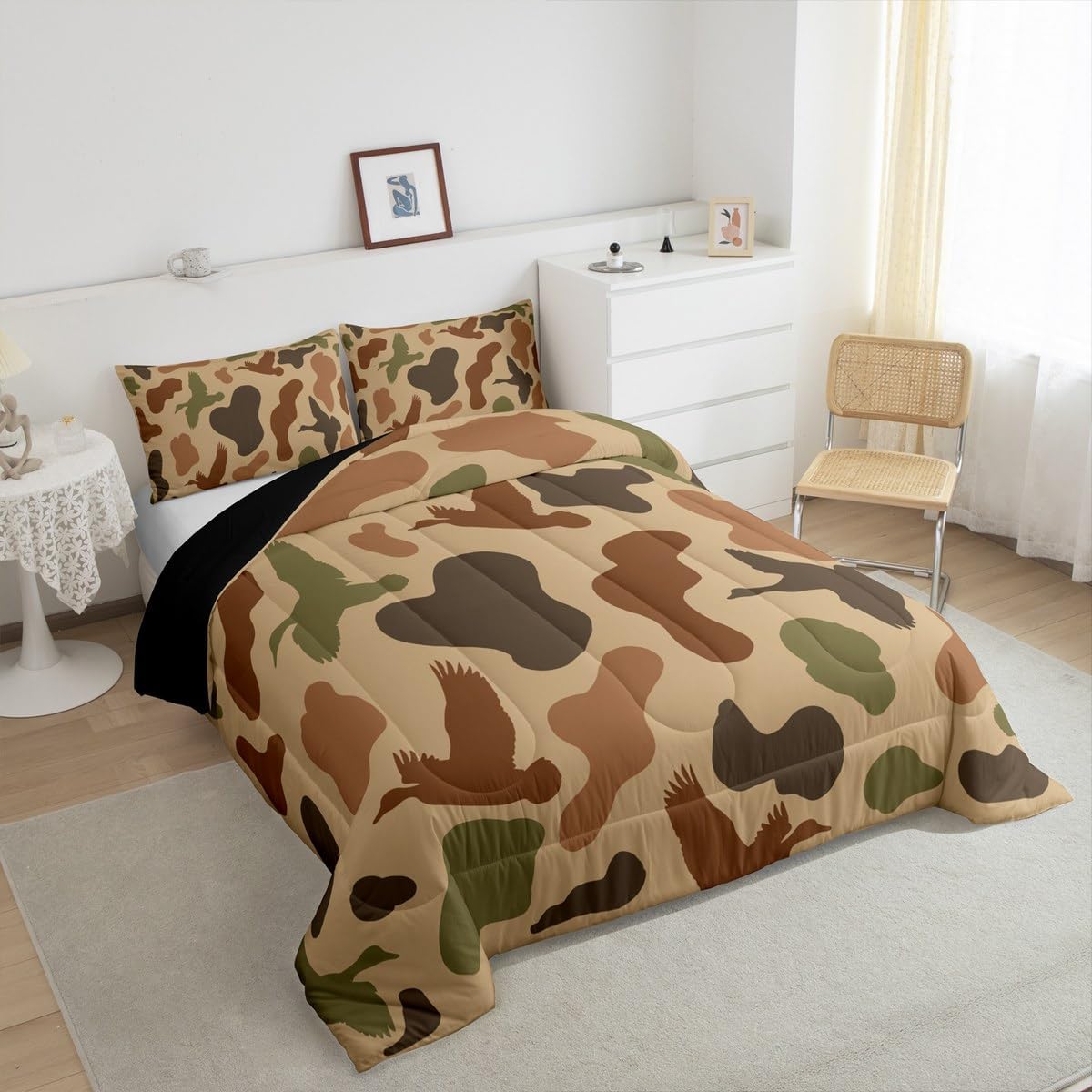 Feelyou Camo and Duck Bedding Set Boys Girls Twin Size Duck Hunting Comforter Set for Kids Women Men Ultra Soft Duck Hunter Comforter Brown Green Duvet Set Room Decor Quilt Set