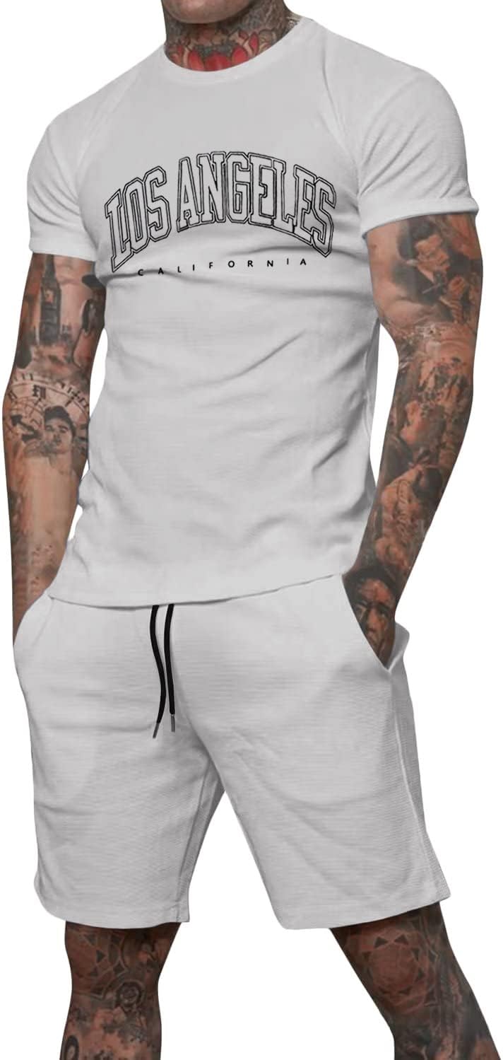 Tomwell Survêtement Homme 2 Pièces Été – T-Shirt Manches Courtes Col Rond + Short Sport Décontracté Imprimé Lettres – Fitness, Jogging, Casual