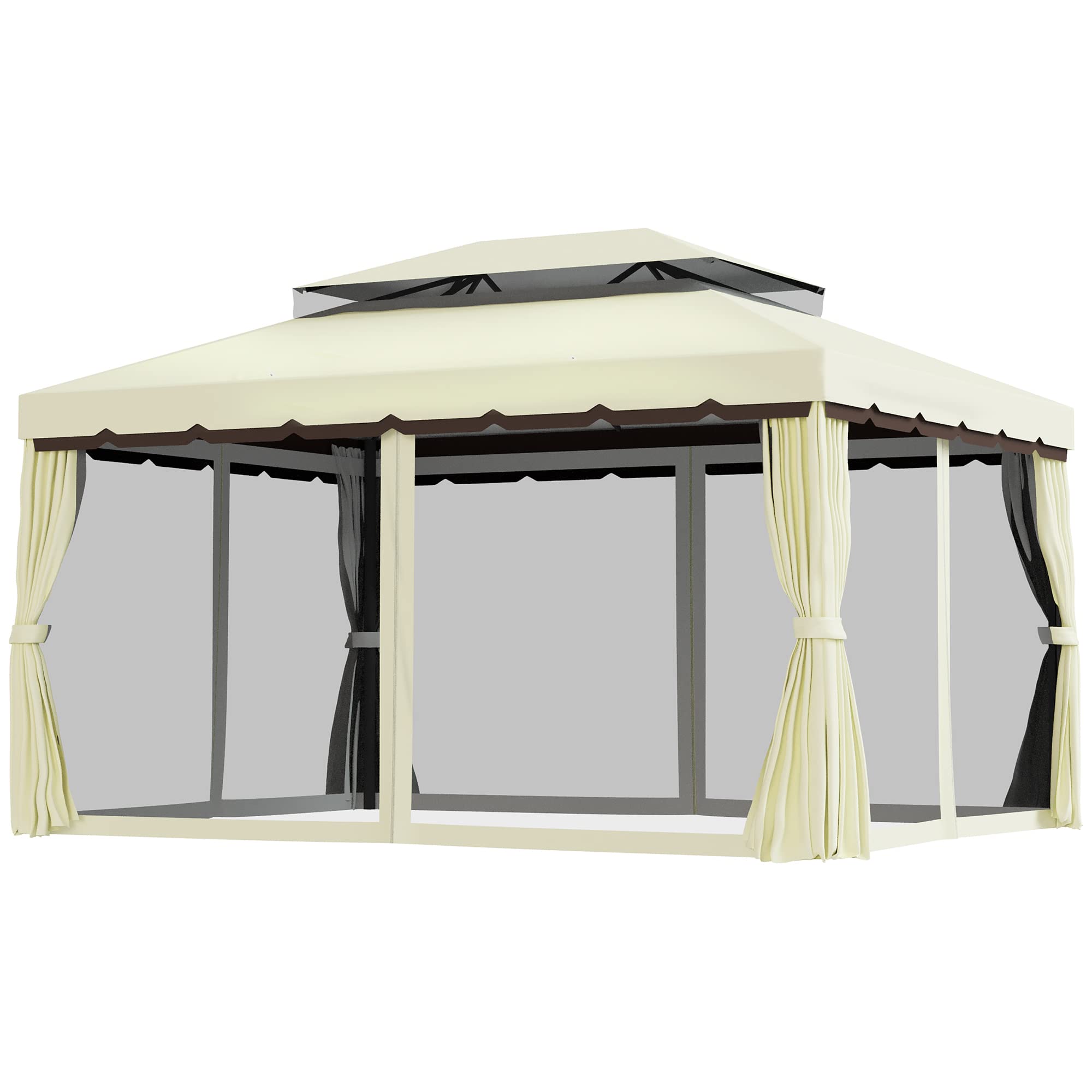 Outsunny Cenador de Jardín de Aluminio 4x3 m Gazebo Pabellón con Techo de Ventilación 4 Cortinas Laterales 4 Mosquiteras y 8 Orificios de Drenaje para Fiestas Eventos Bodas Crema