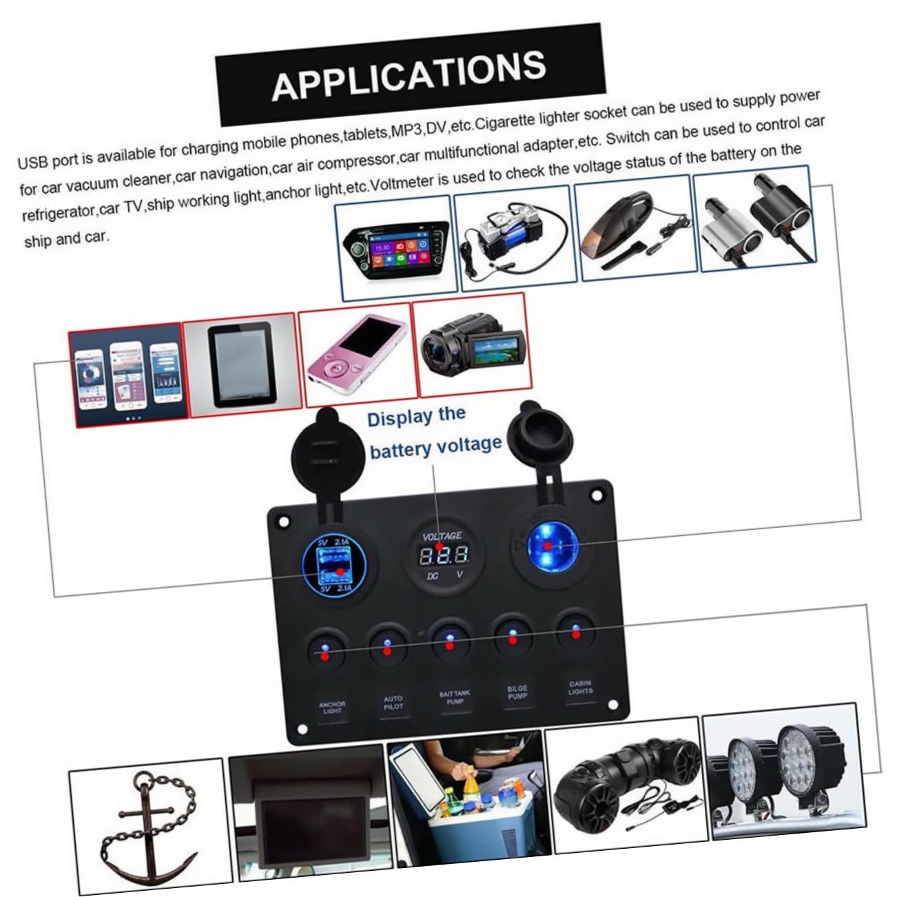 1Set Cat Eye Switch Panel with Design Gang Rocker Switches Dual USB Charger Digital Voltmeter for Rv Boat and Automotive Use
