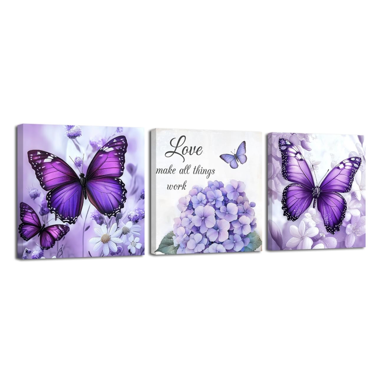 Quadri su Tela con Farfalle e ortensie, Set da 3 Pezzi, con Citazioni motivazionali, Stampe Floreali per Bagno e Ufficio, incorniciati (Viola, 40x40 cm x 3 Pezzi)
