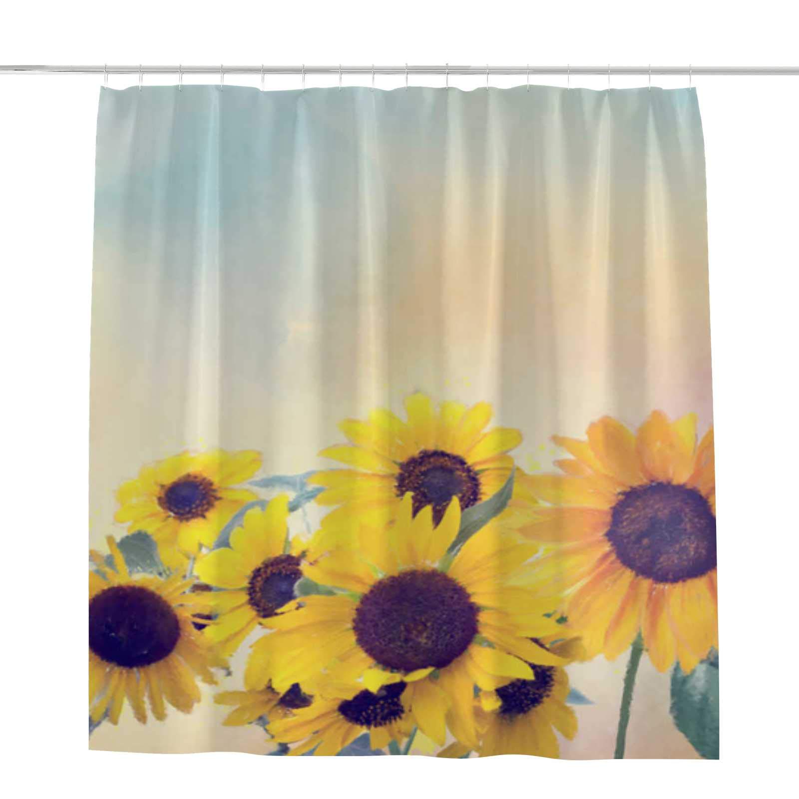Rideau de douche polyester jaune motif tournesols 168x183 avec crochets de douche en C