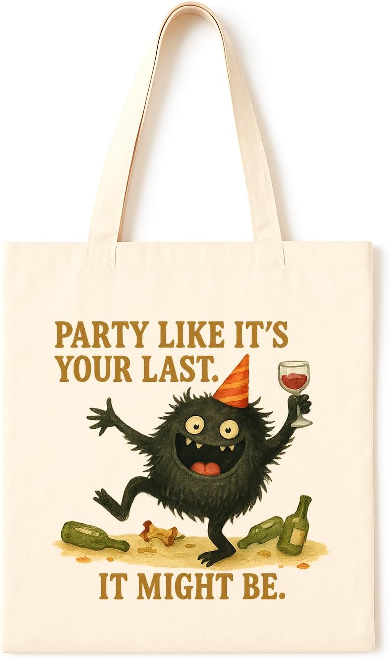 TOTE BAG Might Be Last Party ~ Tipsy party monster with hat and wine glass. A hilarious, slightly grim birthday tote for friends who celebrate like it's their last.
