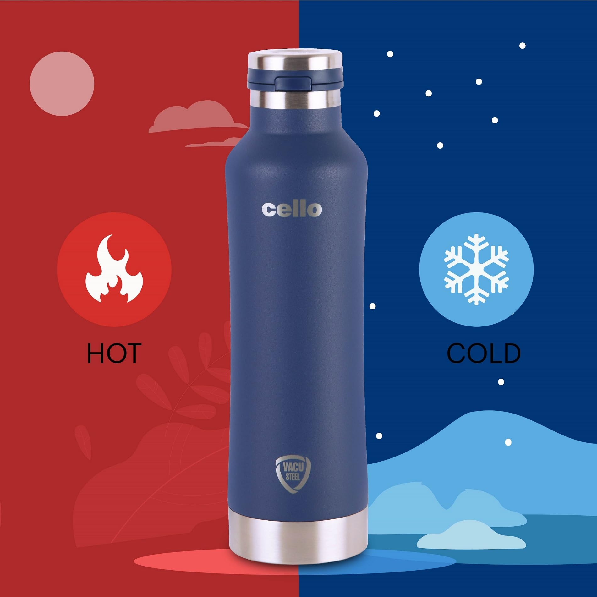 Cello Duro One Touch izolowana butelka na wodę ze stali nierdzewnej, trwała powłoka DTP, izolowana próżniowo butelka na podróż, do domu, biura, szkoły, 1000 ml, niebieska