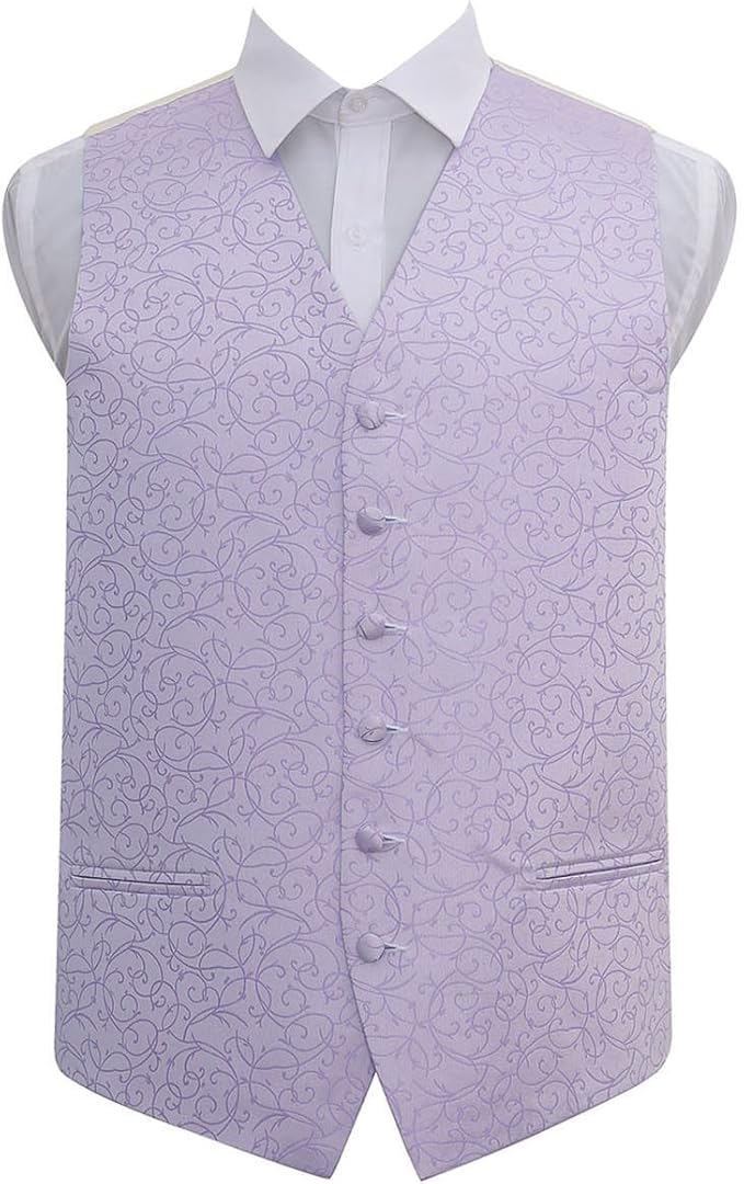 DQT Mens Swirl Floral Jacquard Waistcoat Vest – Wedding Business & Formal Suit Wear - Lilac 48" (4XL)