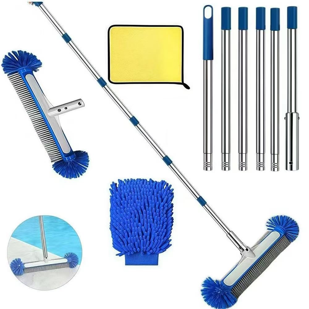Poolbürste mit Stiel 230cm, Pool Reinigung Bürste 45cm, Poolbesen mit Längenverstellbarer Edelstahlstange, Pool Cleaning Brush mit Teleskopstange, Pool Bürsten Set für Pool Reinigung
