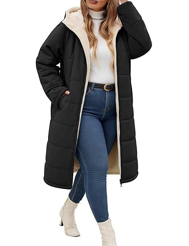 Yusongirl Women Plus Size Winter Coat Mid Length Hoody with Zip Up Fleece, Stylish Windproof Ribbed Cuffs, Warm Sherpa Lining