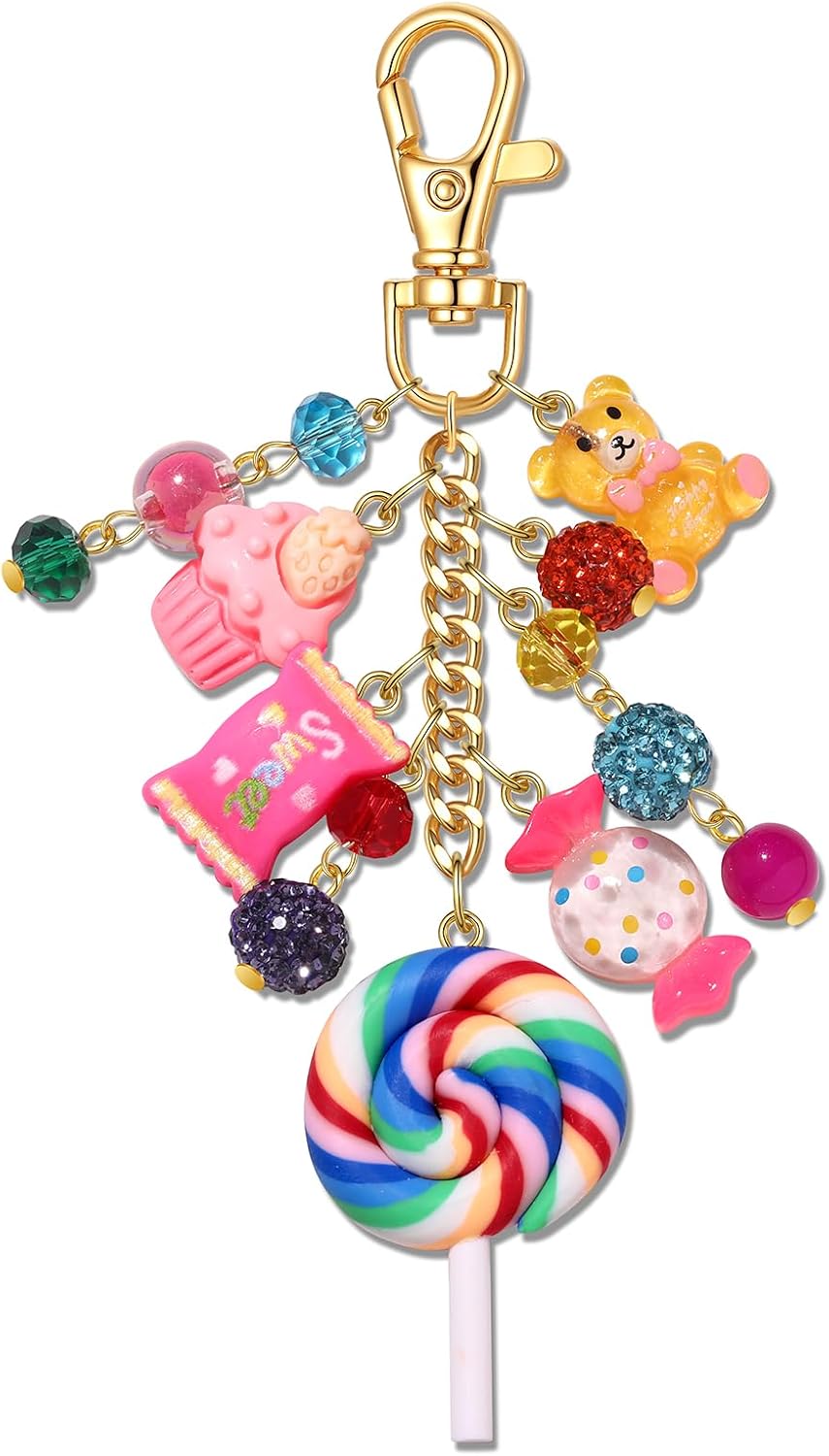 PHALIN Candy Bag Charms for Women Sweet Lollipop Kawaii Gummy Bear Keychains Purse Charms Candy Costume Outfits Accessories