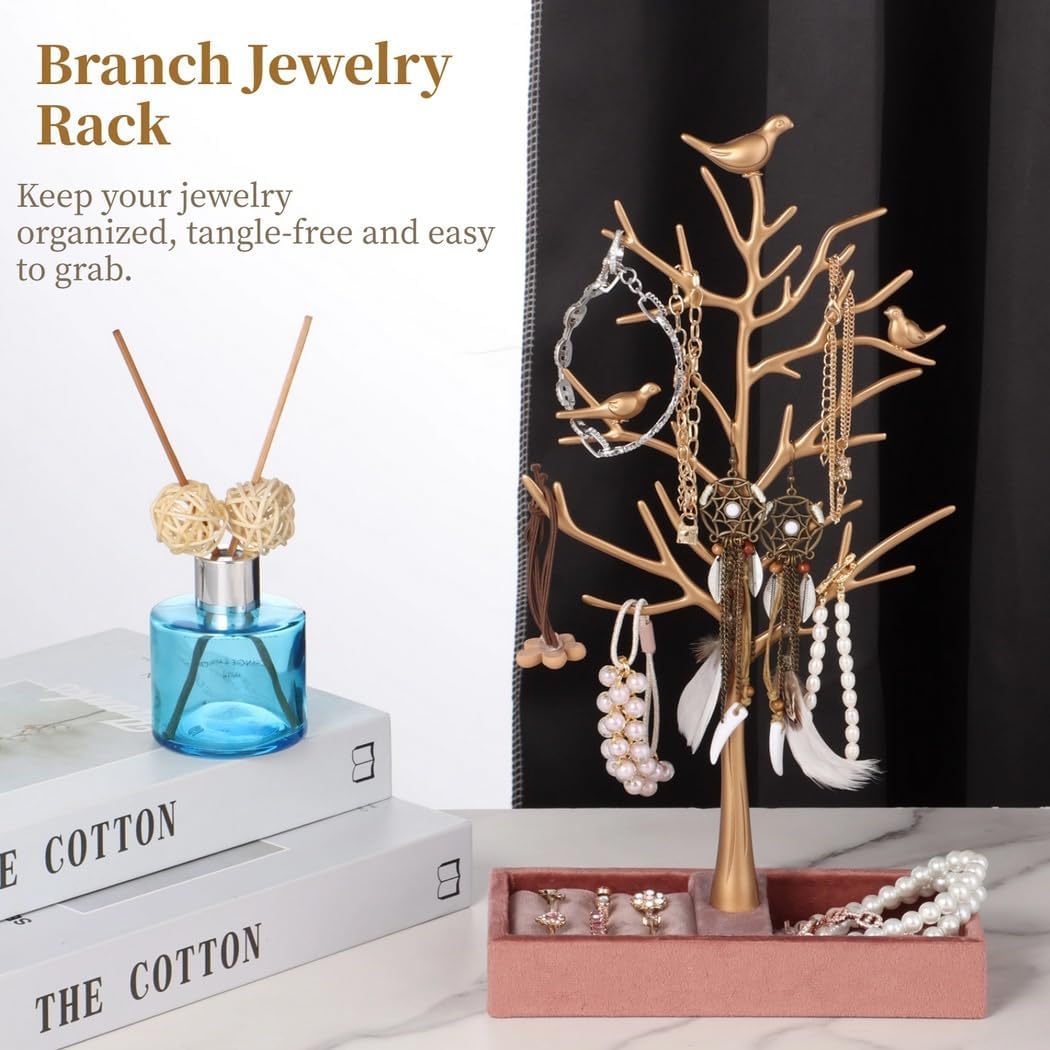 Bird Jewelry Stand With Tree Design, Wooden Tray Jewelry Organizer, Cute Rack For Rings, Earrings, Necklaces, Bracelets For Women And Girls image 4