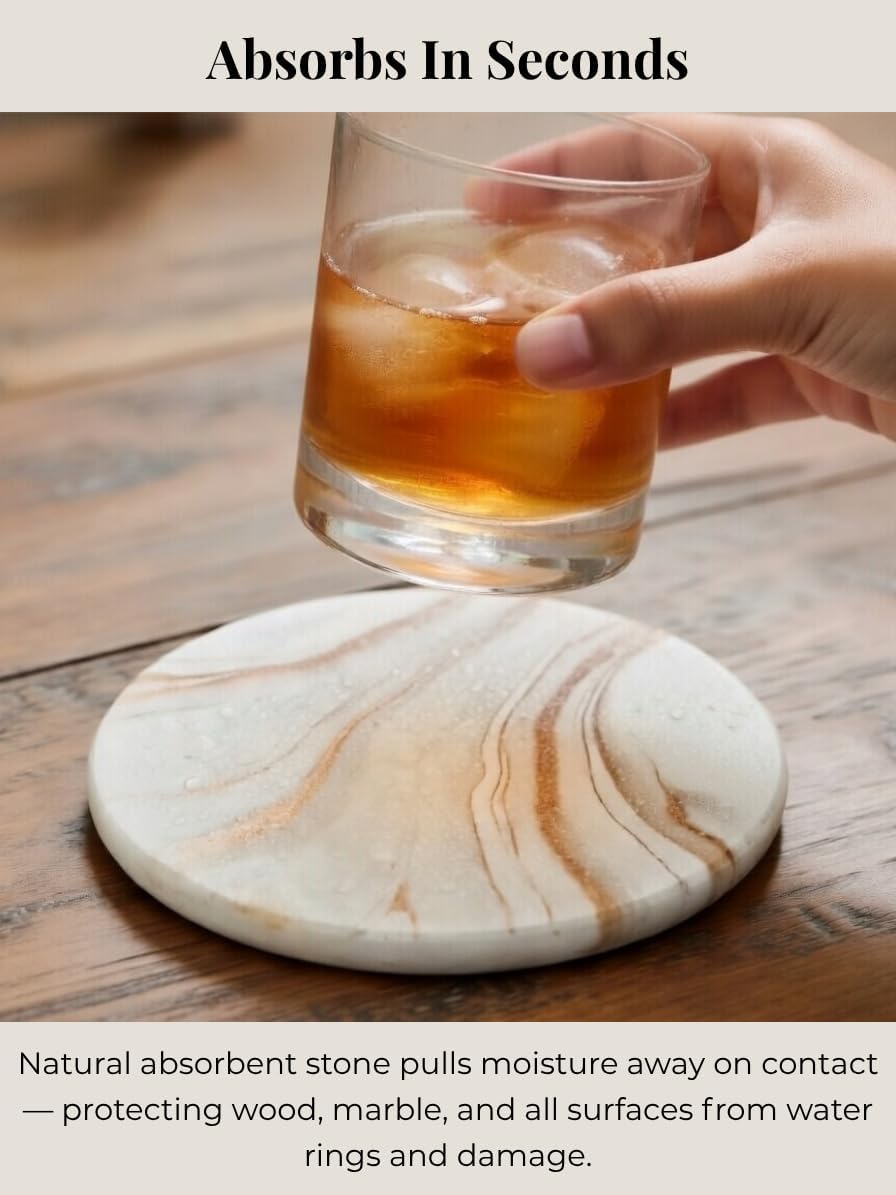 Absorbent Stone Coasters Set of 6 with Holder – Diatomite Drink Coasters for Cups & Table Protection, Modern Coffee Table, Office Desk & Bar Decor, Outdoor Patio Use, Gift-Ready