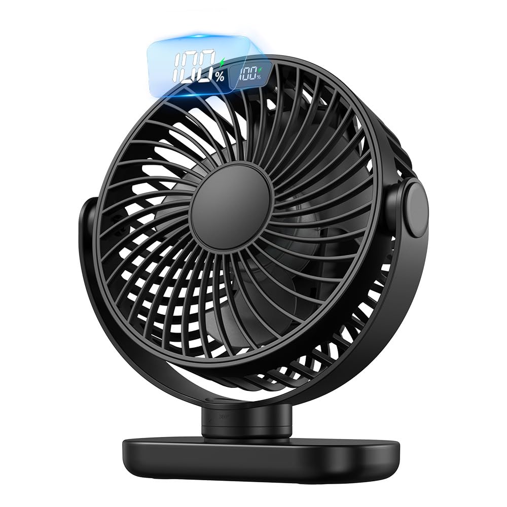 Ventilateur de Bureau USB 4 Vitesses Super Silencieux Affichage LED 5000mAh Batterie Charge Rapide USB C Inclinaison Automatique 90°