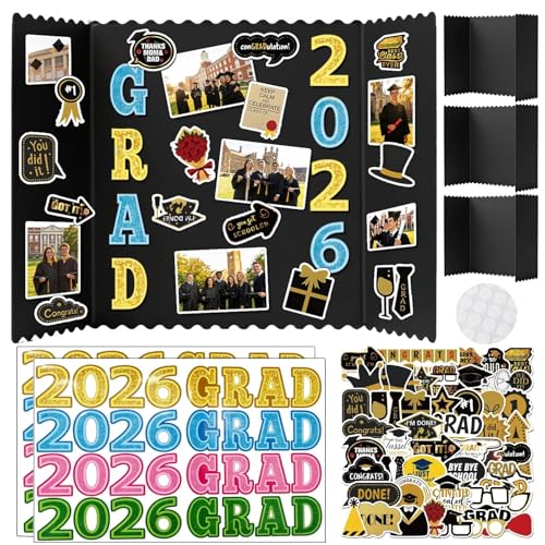 4 Set Graduation Photo Trifold Poster Board Class of 2026 Graduation Picture Display Boards with Colorful Grad Stickers Photo Display Board for Grad Party Multiple Pictures Table Decor 24 x 16 Inch