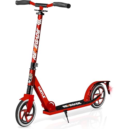 Hurtle Renegade Kick Scooter for Kids, Teenagers & Adults - 2-Wheel Folding Scooter with Adjustable T-Bar Handlebar - Alloy Anti-Slip Deck