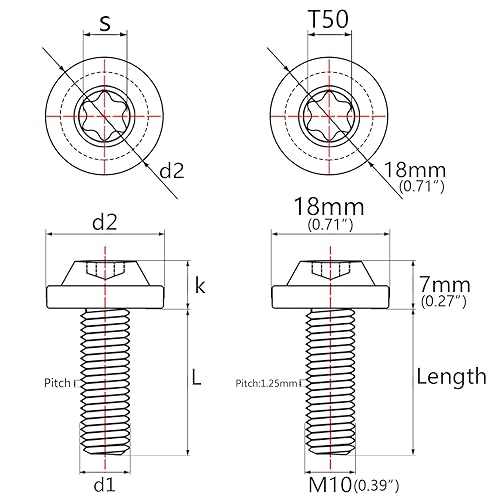 Miniatura 2 de Titanio M10 10 15 20 25 30 35 40 45 50 55 2.362 in Tornillos de cabeza Torx paquete de 4 tornillos (M10 x 0.787 in, paso 0.049 in, plata)