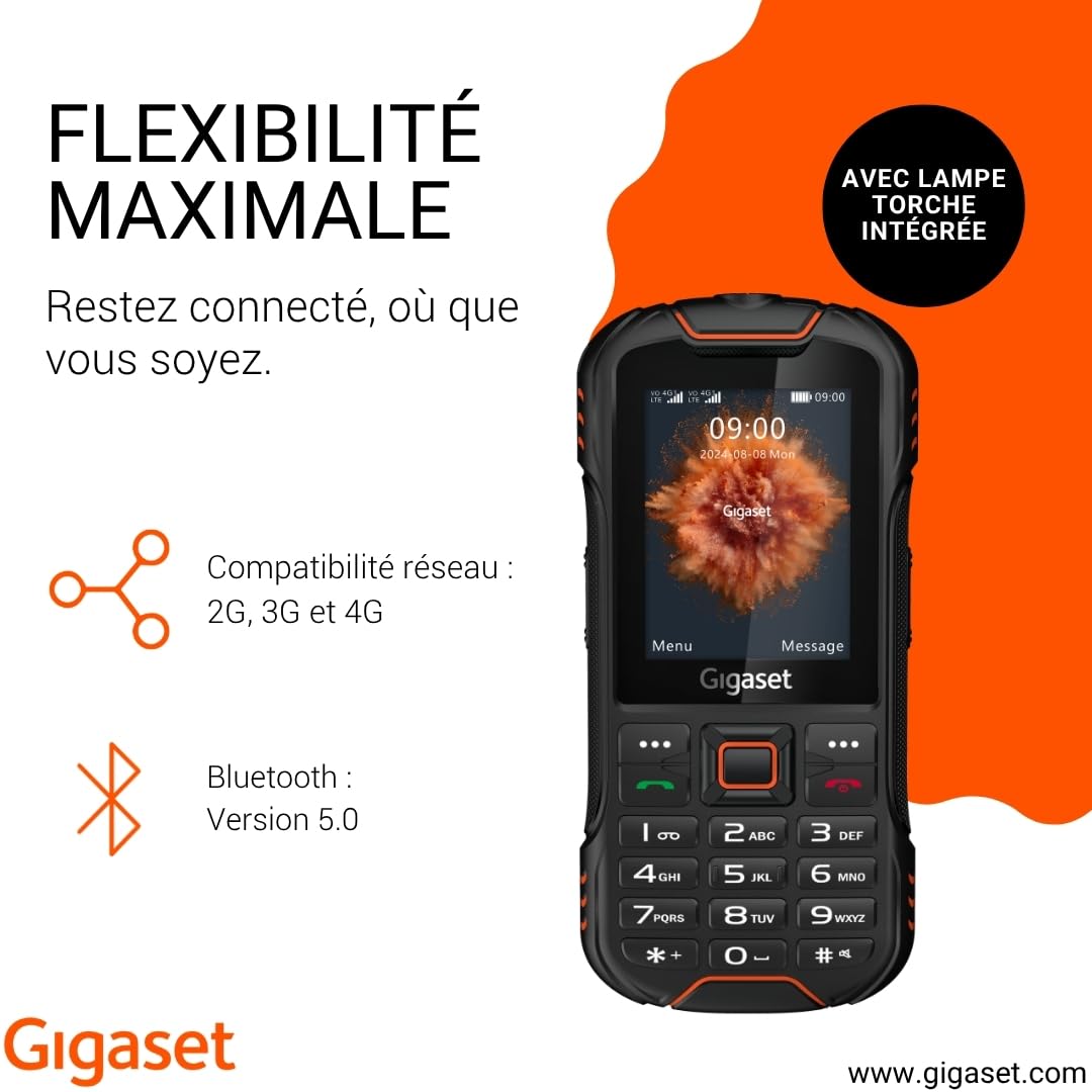 Gigaset GLX8 Plus Téléphone Portable à Touches 4G Robuste IP68 Double SIM Bluetooth 5.0 Écran LCD 2,4" Noir/Orange