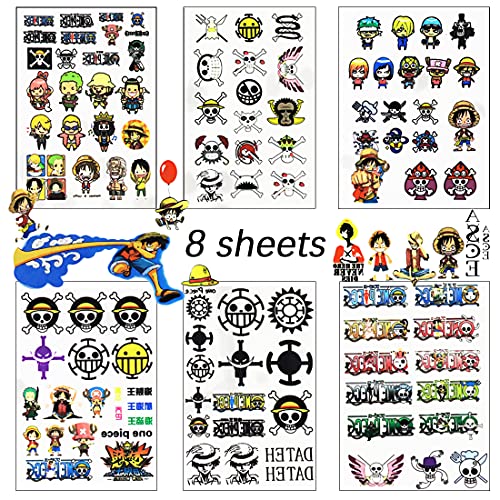 WENSHEN Anime Tattoos 8Sheet Anime Temporary Tattoo Fake Tattoos Vinyl Waterproof Party Favors for Kids Teens Adult Birthday, 8 Count (Pack of 1)