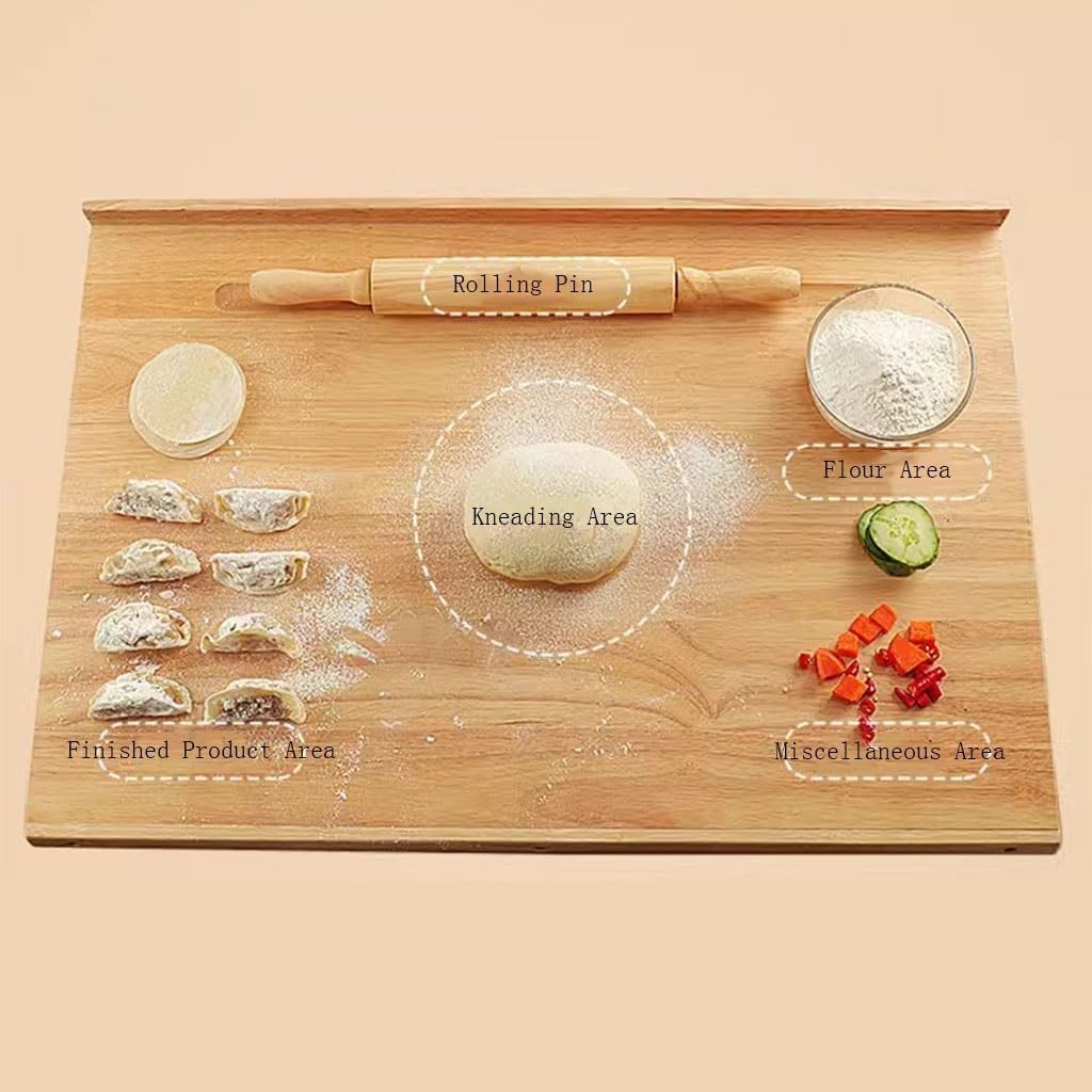Tablero de pastelería de madera con rodillo, superficie de amasado reversible, ranura de jugo y diseño de labios para masa, verduras picadoras, queso, frutas, alfombra de corte antideslizante