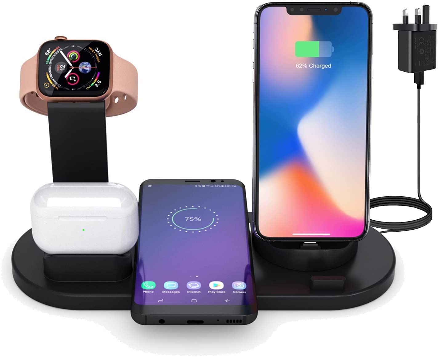 6 in 1 Wireless Charger, QI Fast Wireless Charging Station for Multiple Devices, Apple Watch Series 6/SE/5/4/3/2, AirPods Pro, iPhone 13/13 Pro/12/12 Pro/11 Series/XS Max/XR/XS/X/8/8 Plus(Black)