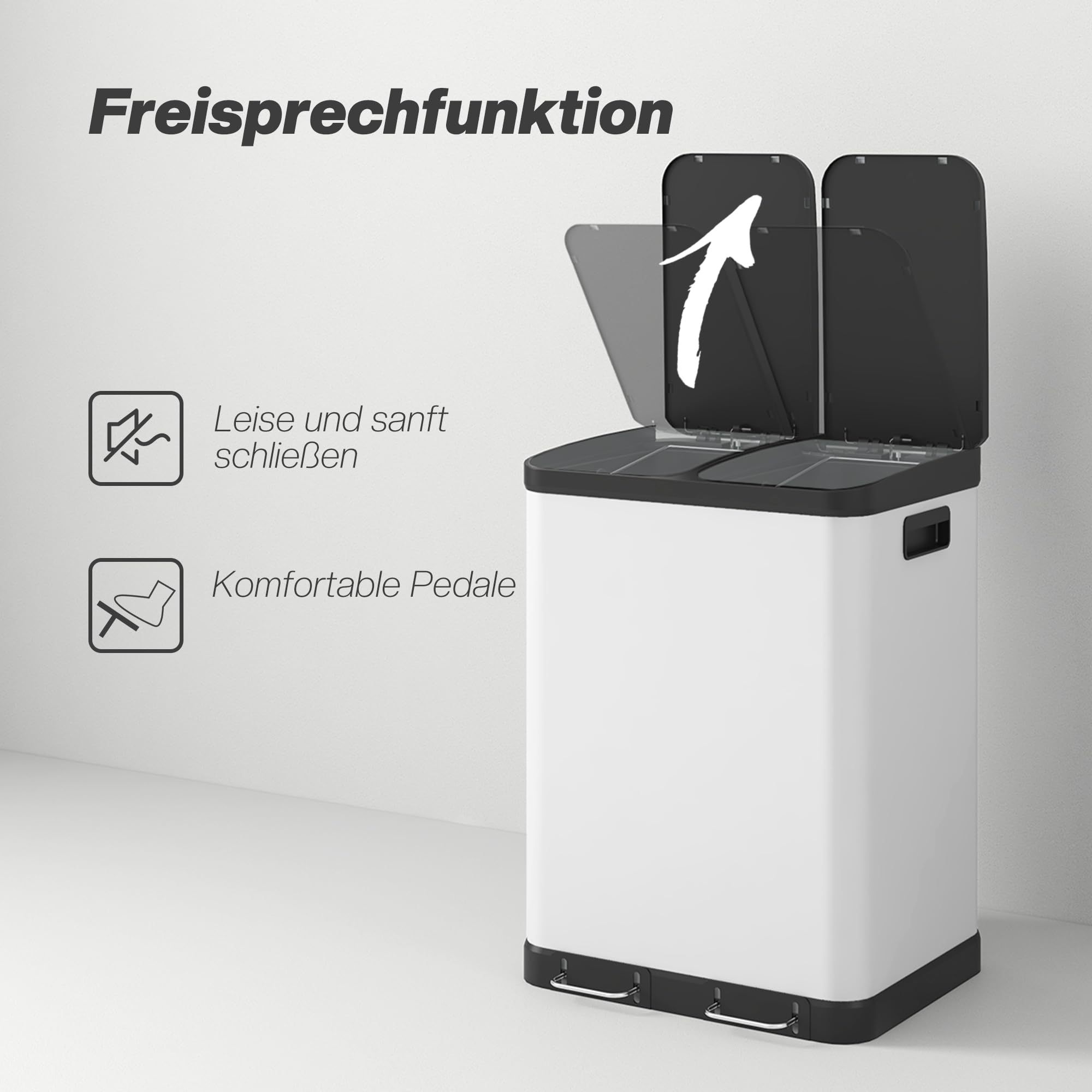 HOMCOM Mülltrennsystem 2 x 30L mit 2 Fächern Softclose-Deckel Metall Weiß | Mülleimer Küche, Abfalleimer Treteimer, Herausnehmbare Inneneimer