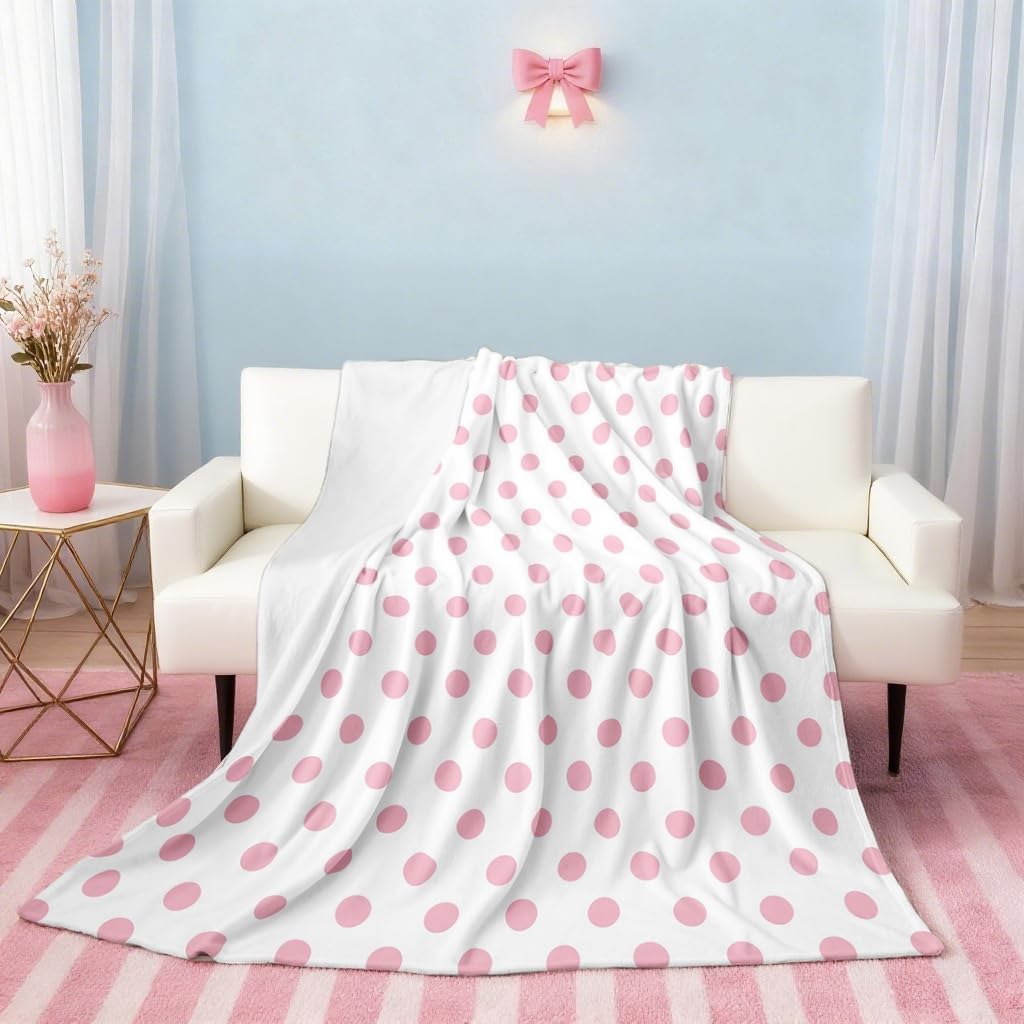 Pink Polka Dots Bed Blanket,French Style Dots Cartoon Cute Girly Flannel Blanket,Geometric Circles Pink White Simple Art Fleece Blankets for Kids Adults Bedroom,Super Soft,Twin 60"x80"