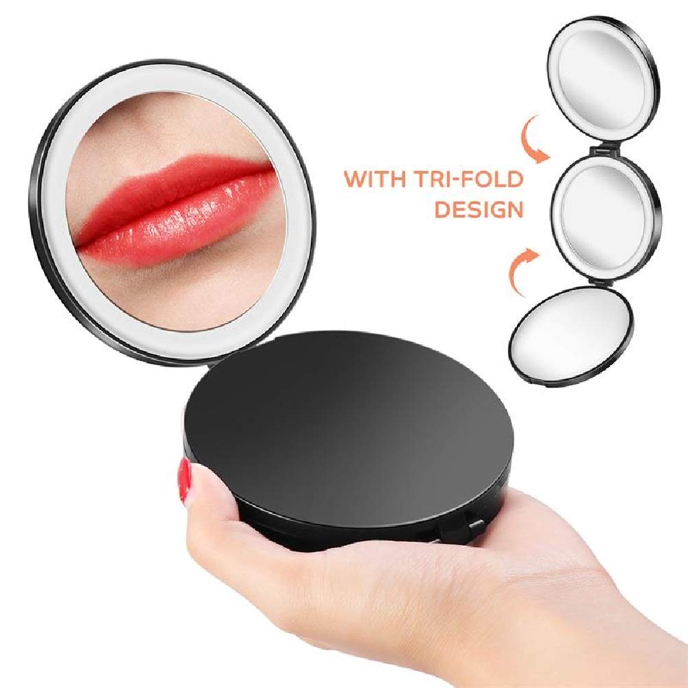 Espejo de Maquillaje LED Aumento, Espejo cosmético Tres Pliegues, Redondo portátil, 1x/5x/10x