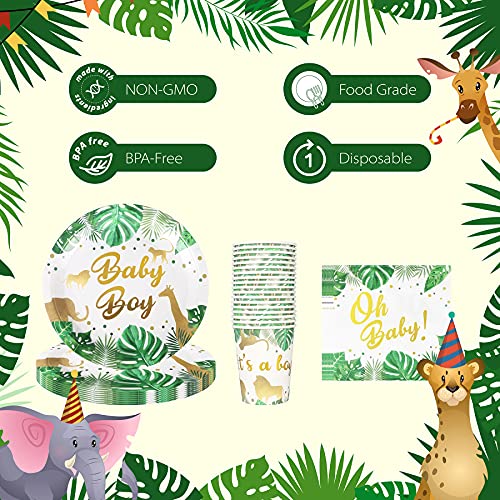 Baby Shower Tableware Plates And Napkins, Baby Boy Decorations, 24 Pack Safari Jungle Animals Paper Plates With Gold Foil Napkins, Dessert Plate, Disposable Cups, Tea Party Supplies #TOP3