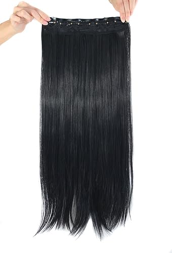 Miniatura 2 de MapofBeauty Extensiones de cabello largo y recto de 24 pulgadas, extensiones de cabello con 5 clips (marrón oscuro)