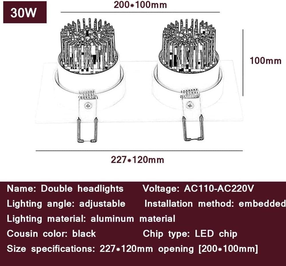 Lampada da soffitto da incasso, faretto da incasso rettangolare nero, lampade retrofit a doppia testa(10w,3000K)