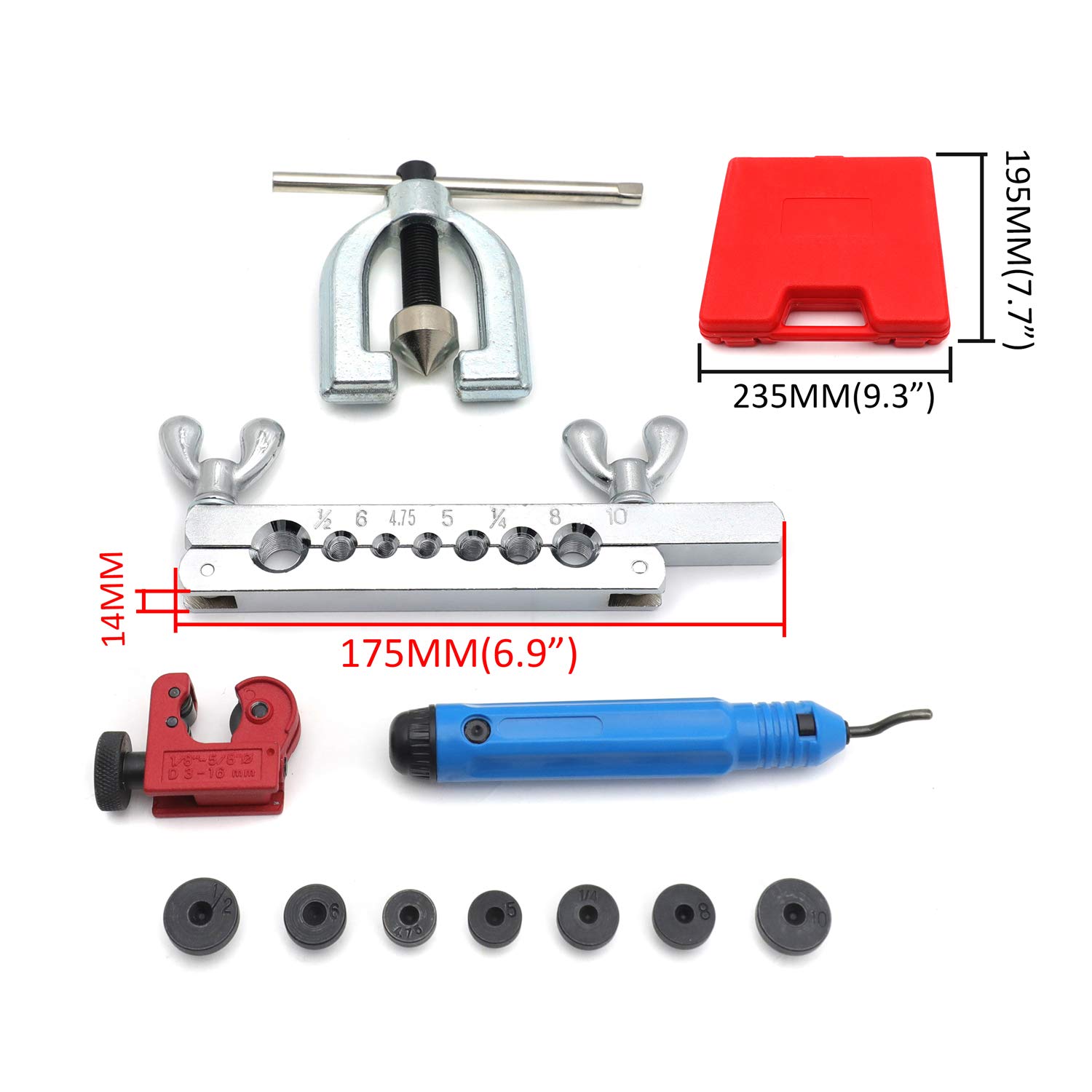 HTTMT- Double Flaring Brake Line Tool Tubing Car Truck Tool w/Mini Pipe Cutter Deburrer [P/N: ET-TOOL025-RED]