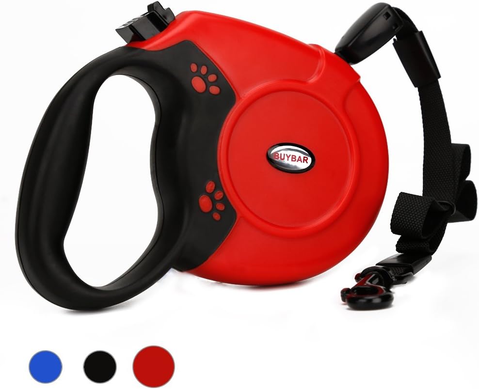 BUYBAR Eco-Friendly Retractable Nylon Dog Leash with One Button Lock and Ergonomic Hand Grip, Large, Red