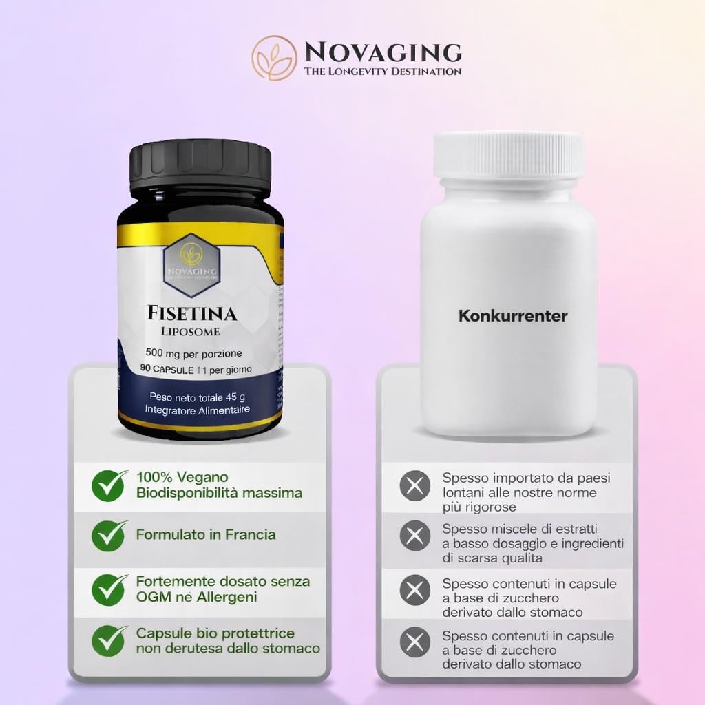 Fisetina Liposomiale Anti-età, Potente Antiossidante, 100% Vegano - 90 Capsule, Fornitura per 3 Mesi, 500 mg - Massima Biodisponibilità, Dosaggio Preciso, Testato senza OGM né Allergeni