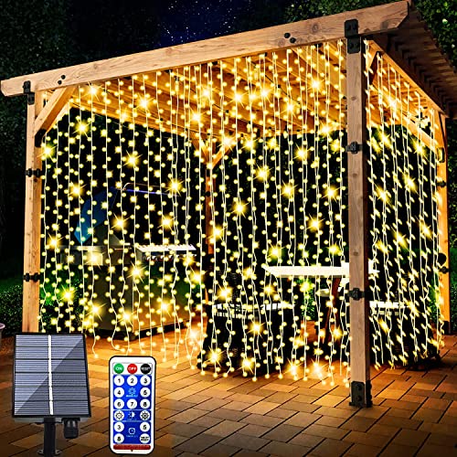 yowin Solar Lichtervorhang Aussen 3x3m 300 LED Lichterkette mit Fernbedienung, 8 Modi Wasserfall Solar Außen Lichterkette IP65 Wasserdicht für Garten Balkon Pavillon Partydekoration Warmweiß Cover