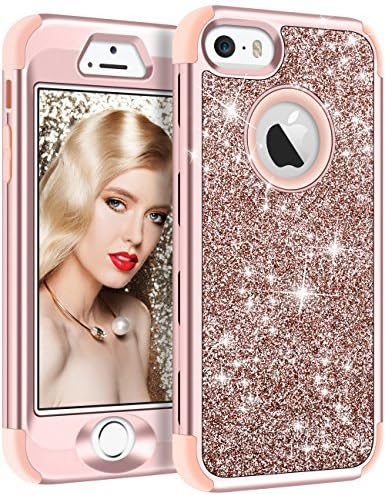 Vofolen Case for iPhone SE Case iPhone 5S Case Glitter Bling Shiny Heavy Duty Protection Full-Body Protective Cover Hard Shell Hybrid Silicone Rubber Armor + Front Bumper for iPhone 5 5S SE Rose Gold