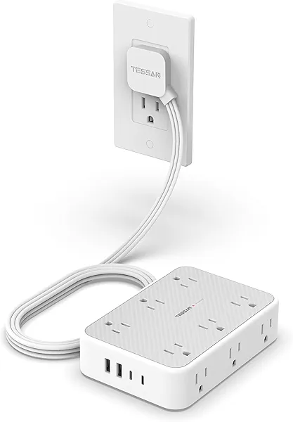 TESSAN Surge Protector Power Strip, 5FT Flat Extension Cord with Multiple Outlets, 12 Outlet Extender with 4 USB (2 USB-C), Flat Plug Power Strip, 1800J Surge Protection, Office, Dorm Essentials
