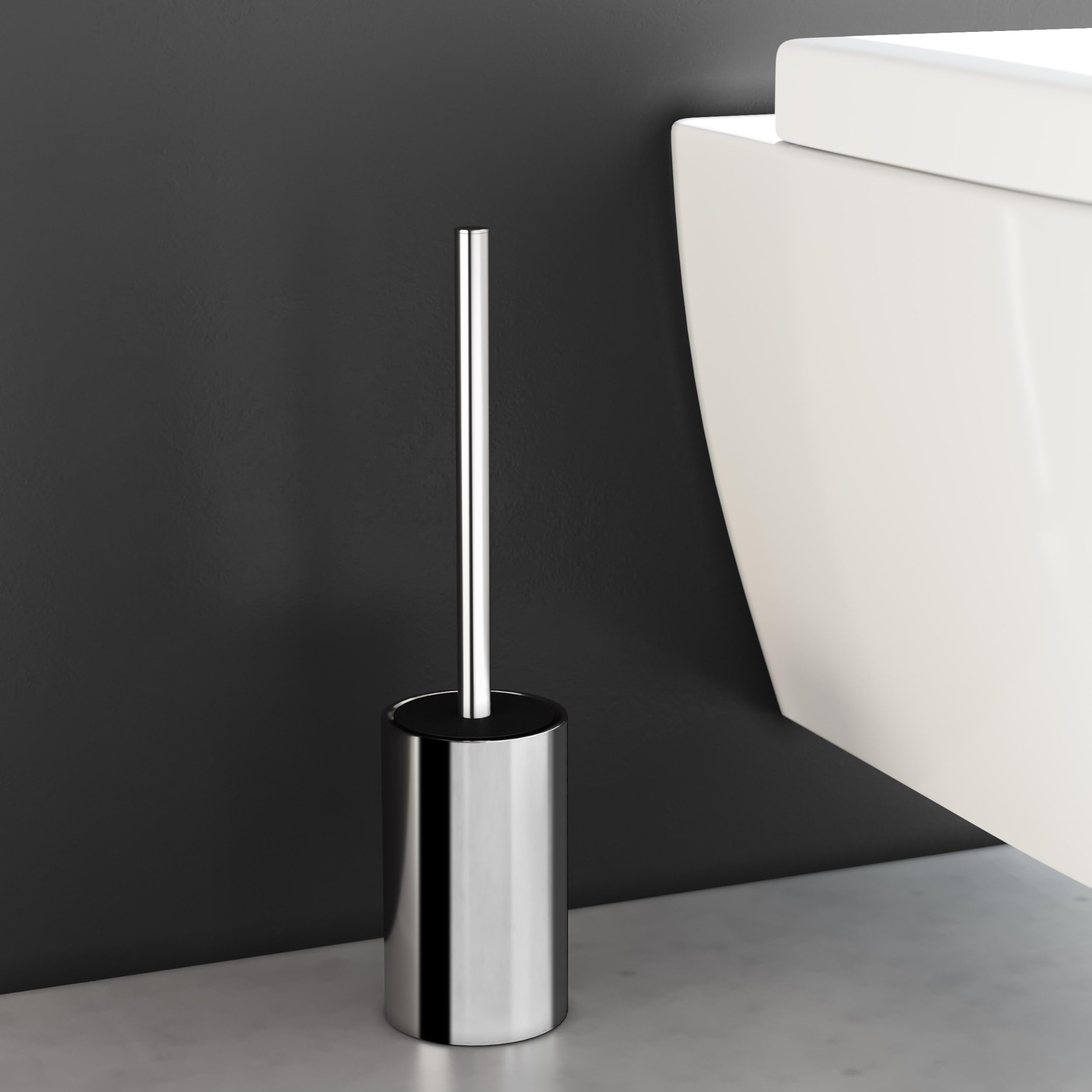 COSMIC Architect Sp Spazzola per WC di Design Circolare ed Elegante Realizzata in Metallo. Portascopino da Pavimento per WC in Colore Cromo Spazzolato