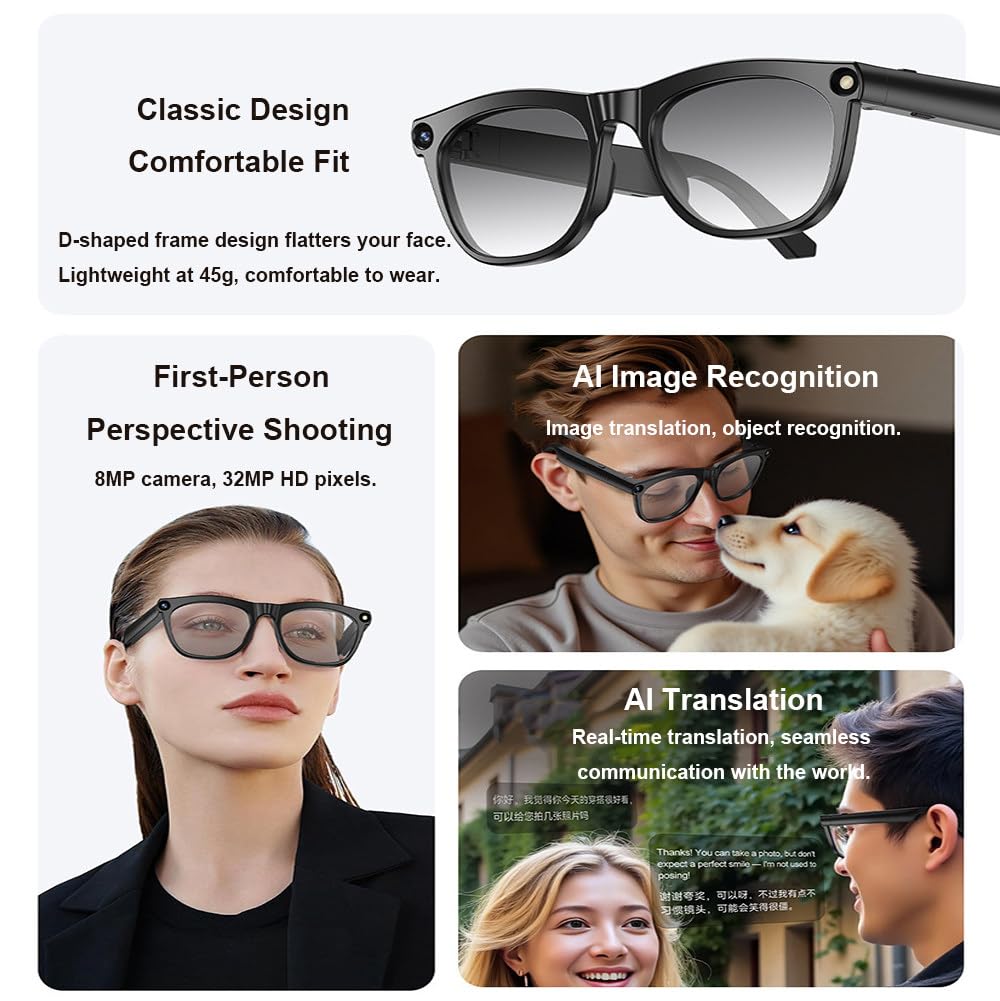 Gafas Antiluz Azul,Grabación De Fotos Y Vídeos De 800W,Reconocimiento Y Traducción De Imágenes Inteligente con IA,con Asistente De Voz,Diseño Abierto,para Viajes,Trabajo Y Negocios Black