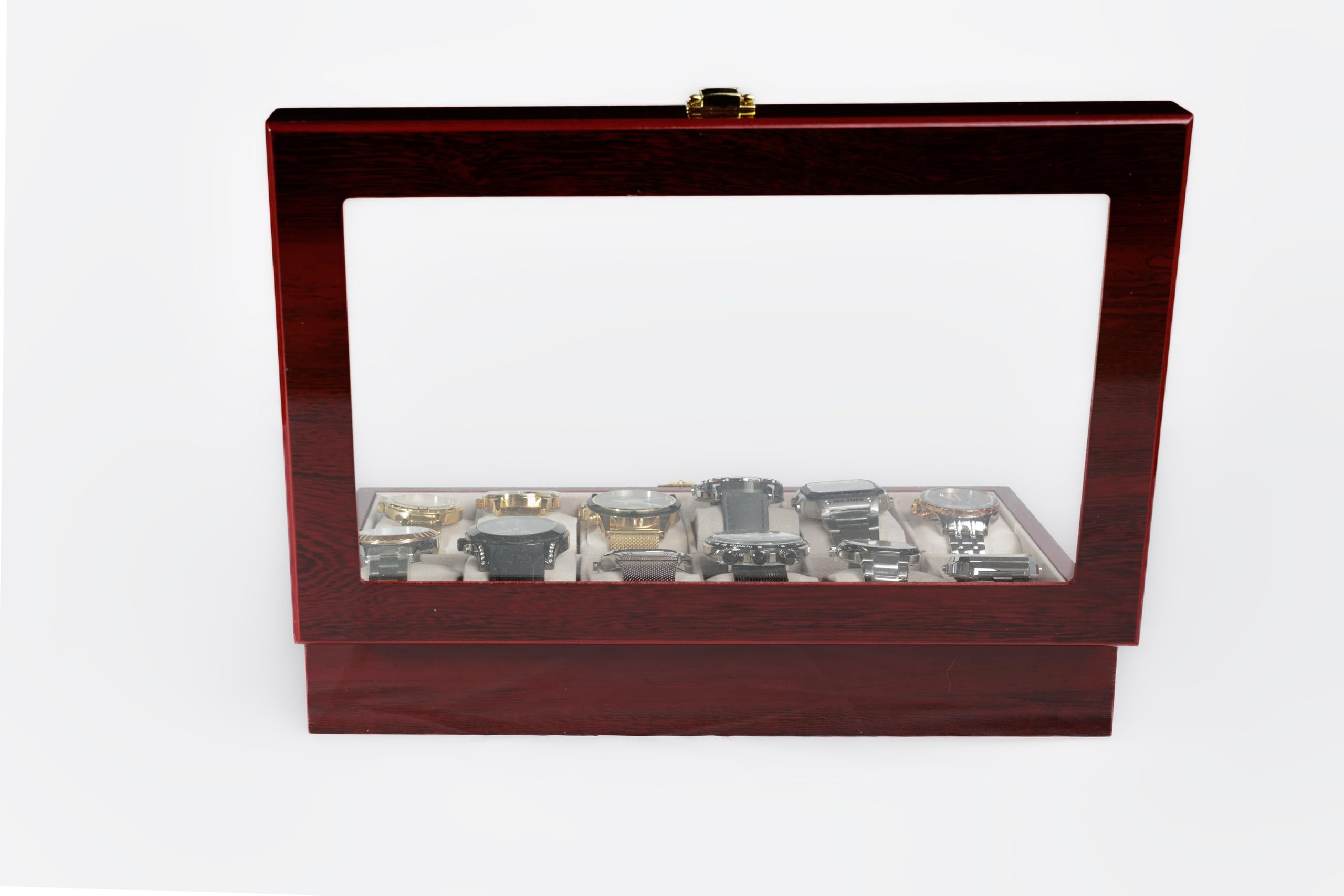 Caja Organizadora para Relojes de Madera Roja con Tapa de Cristal Templado, 12 Compartimentos con Interior de Ante Sintético, Incluye Gamuza Limpiadora. Ideal Para Regalo