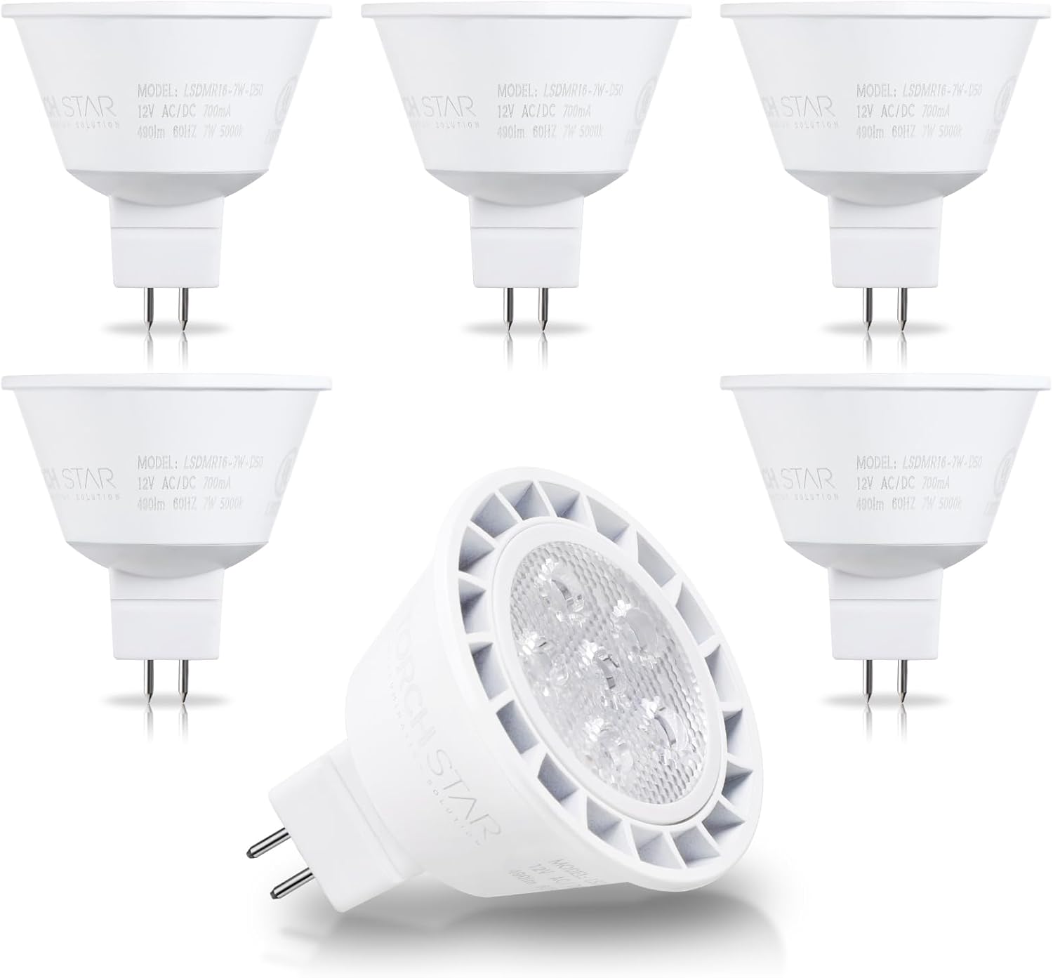 TORCHSTAR MR16 LED Bulb Dimmable, Aluminum, 12V 7W, GU5.3 Bi-Pin Base Spotlight, UL Listed, LED MR16 Light Bulbs for Recessed Track Lighting, 5000K Daylight, Pack of 6