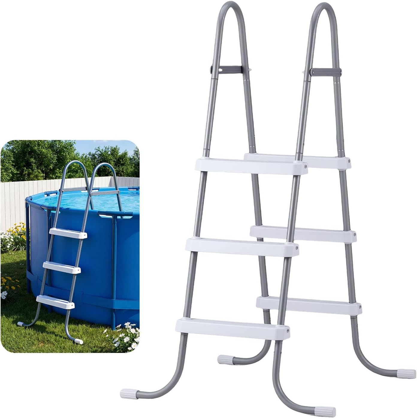 VEVOR Above Ground Pool Ladder, 3-Step Steel A-Frame Swimming Pool Stairs for 42 in High Wall, 300 lbs Capacity Entry/Exit Steps with Secure Non-Slip Sturdy Wide Step, Easy Setup, Gray & White