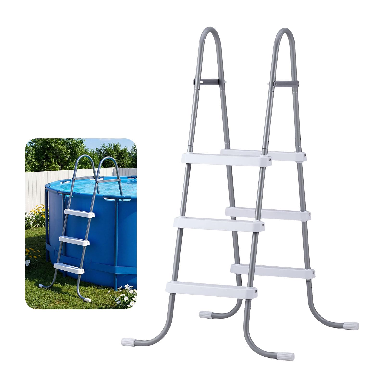 VEVOR Échelle de Piscine Hors Sol 106,7 cm Acier Carbone 3 Marches PP Antidérapantes Capacité Charge 136 kg Gris Blanc