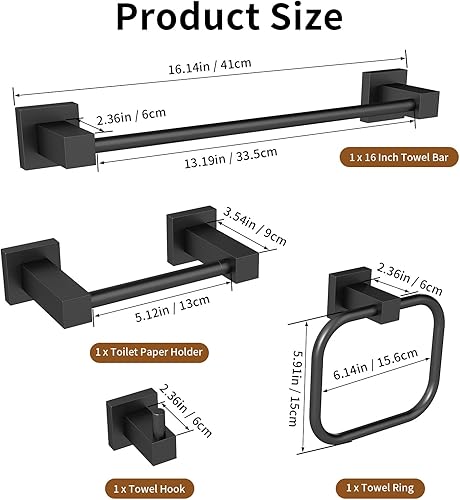 Miniatura 4 de Juego de accesorios de baño negro mate, juego de 4 piezas de accesorios de baño con toalleros para baño, barra de toalla de 16 pulgadas, juego de