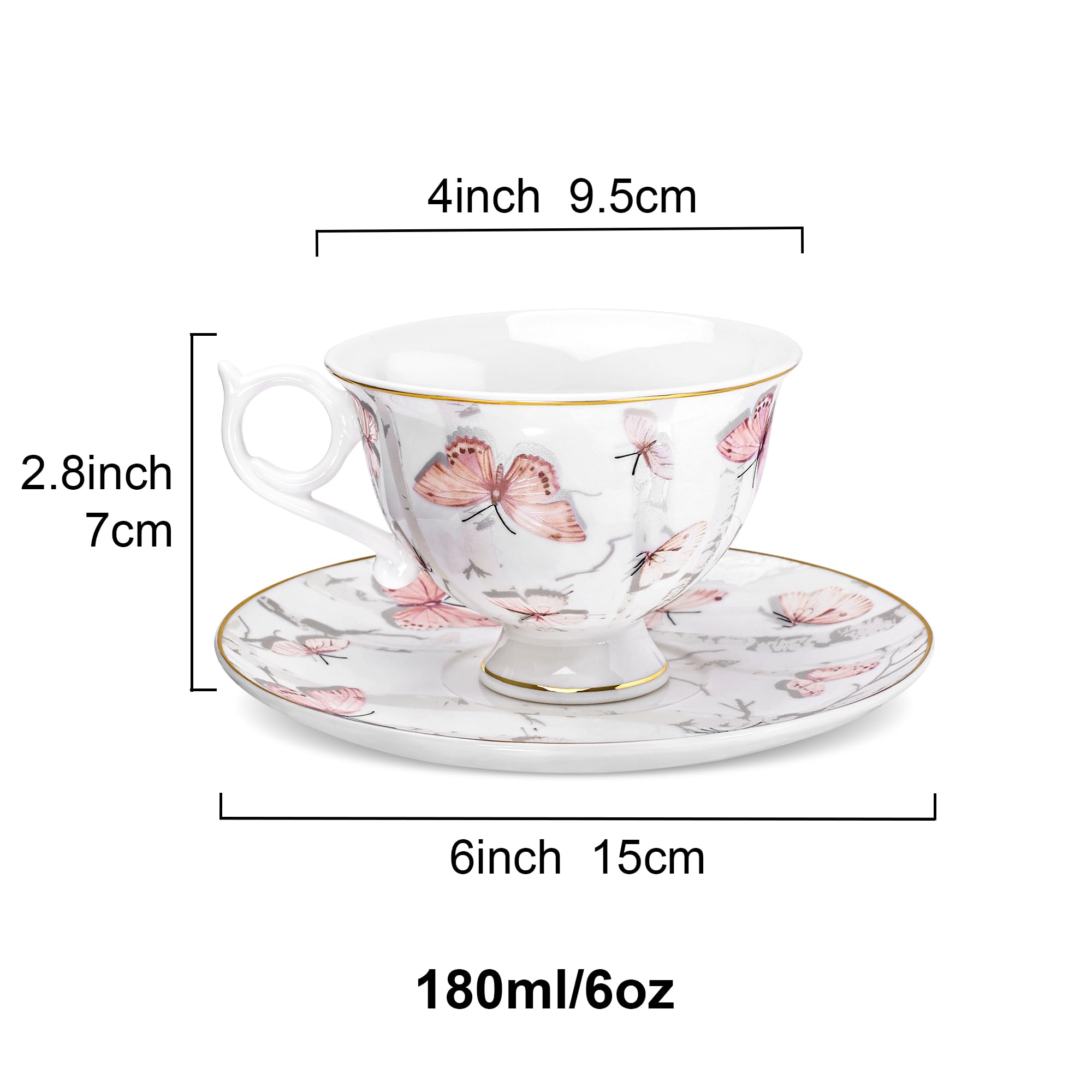 fanquare Elégantes Lot de 6 Ensembles Tasses et Soucoupes en Porcelaine Fine 180ml, Set de Tasses et Soucoupes Motif Papillon Rose clair avec Bord Doré Thé et Café pour Maison Cuisine Mariage