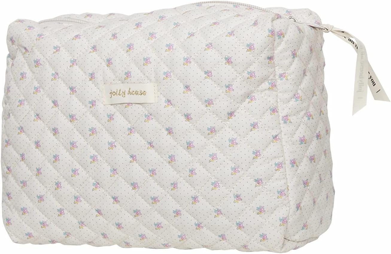 TYFLOVEKawaii Cotton Makeup Bag Large Travel Cosmetic Bag Aesthetic Floral Makeup Pouch Coquette Quilted Toiletry Bag for Women, B-Beige Floral, Makeup Bag