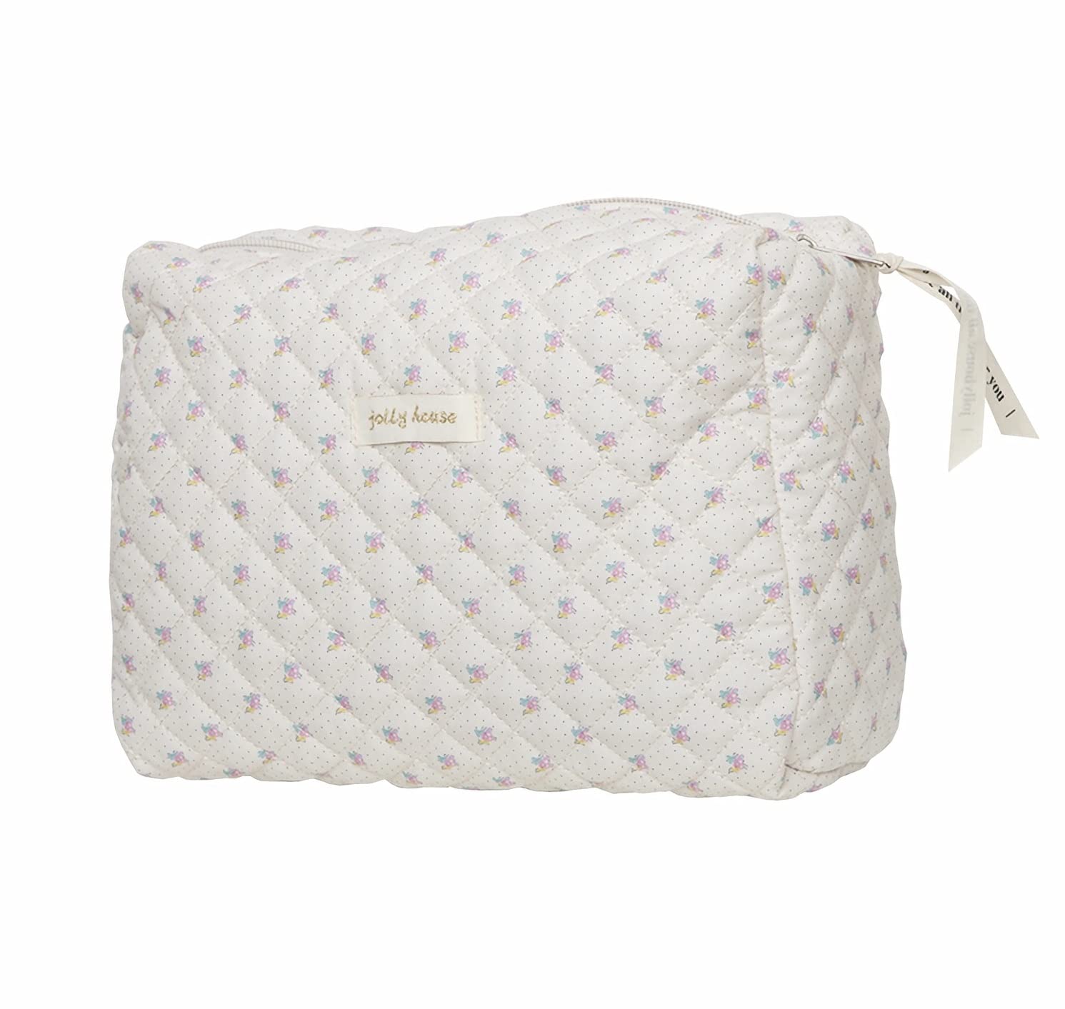 TYFLOVEKawaii Cotton Makeup Bag Large Travel Cosmetic Bag Aesthetic Floral Makeup Pouch Coquette Quilted Toiletry Bag for Women, B-Beige Floral, Makeup Bag