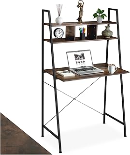 tectake® Bureau 85,5 x 46,5 x 140 cm, Étagère supérieure 3 compartiments, Table de Bureau, Style Industriel Bureaux Ordinateur Meuble pc Table de Travail Meuble Ordinateur Desk Teletravail, Bois foncé