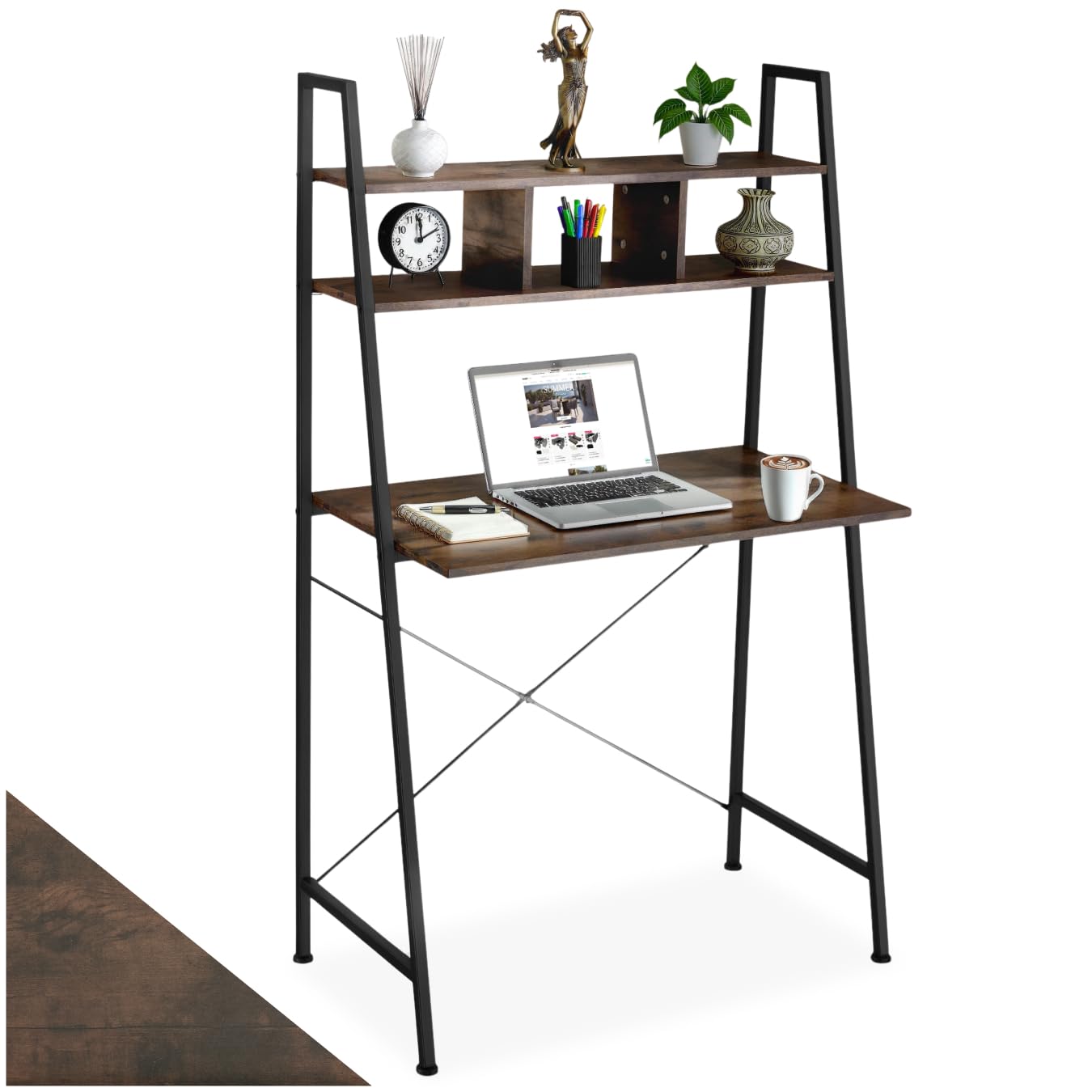 tectake® Ladder Desk with 2 Overhead Shelves, Computer Desk in